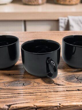 Vintage set of 3 solid Black Porcelain 10oz coffee mugs